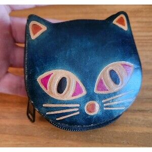 Cat Leather  Wallet Change Coin Purse Zip Closure Dark Blue Folk Art Style